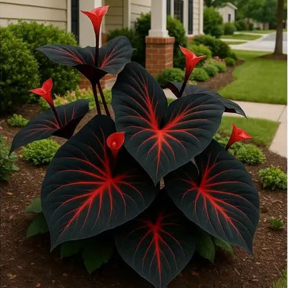 Black Heart Leaf Caladium Seeds – Exotic Red Vein Indoor & Outdoor Decorative Plant