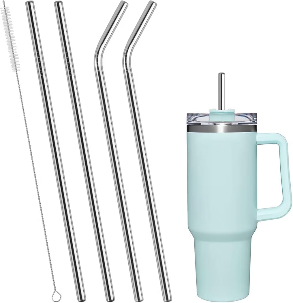 Stainless Steel Reusable Straw Set with Cleaning Brush & Travel Cup