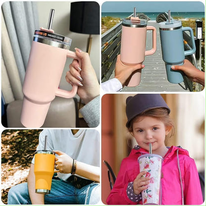 Stainless Steel Reusable Straw Set with Cleaning Brush & Travel Cup