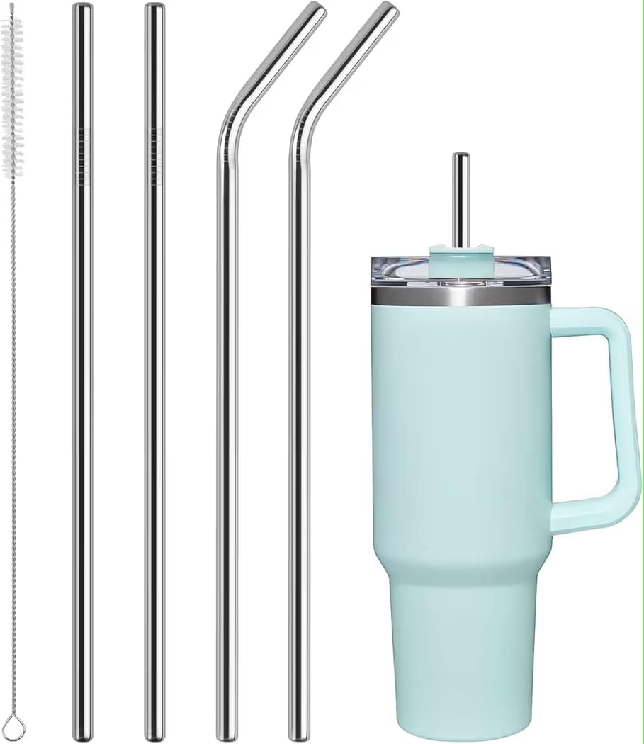 Stainless Steel Reusable Straw Set with Cleaning Brush & Travel Cup
